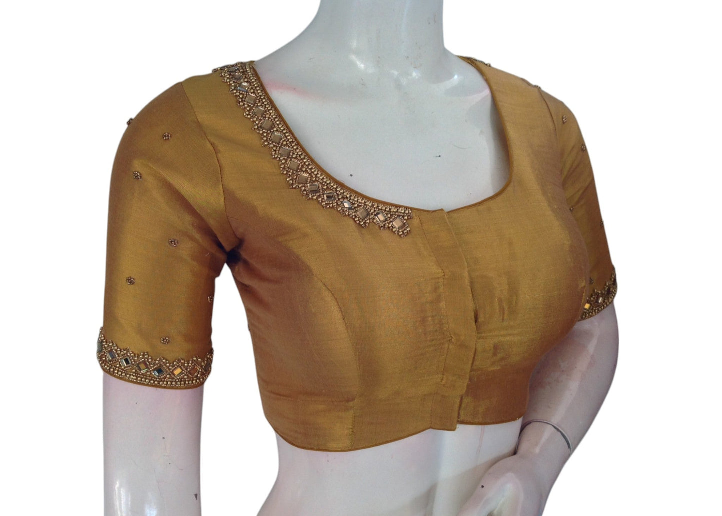 Dark Mustard Gold Tissue Silk Blouse | Aari Mirror Work | Bridal Opulence