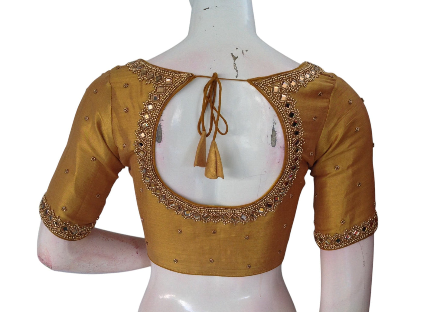 Dark Mustard Gold Tissue Silk Blouse | Aari Mirror Work | Bridal Opulence