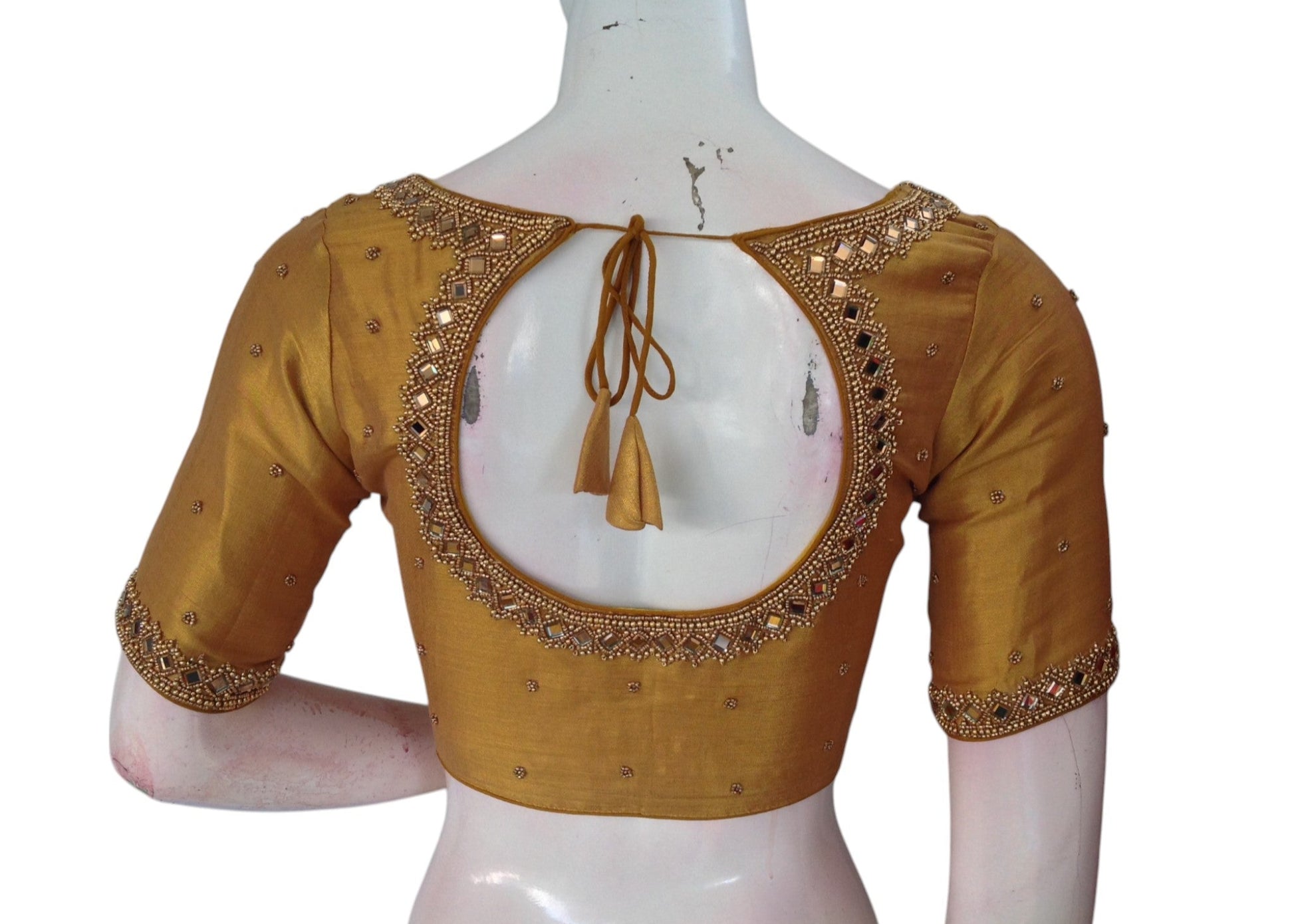 Dark Mustard Gold Tissue Silk Blouse | Aari Mirror Work | Bridal Opulence
