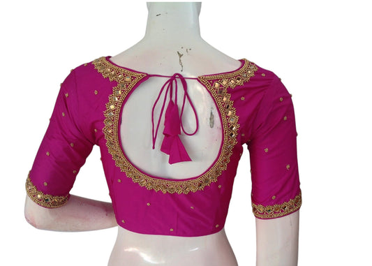 Magenta Mirror Aari Handwork Silk Saree Blouse | Festive Wedding Wear