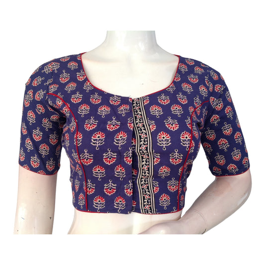Violet Blue Cotton Saree High Neck Blouse| Indian Designer Blouse