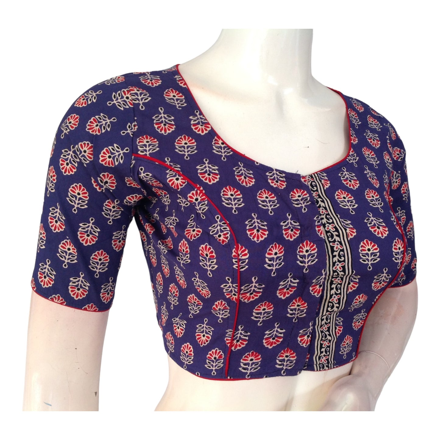 Violet Blue Cotton Saree High Neck Blouse| Indian Designer Blouse