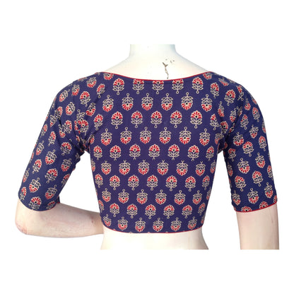 Violet Blue Cotton Saree High Neck Blouse| Indian Designer Blouse
