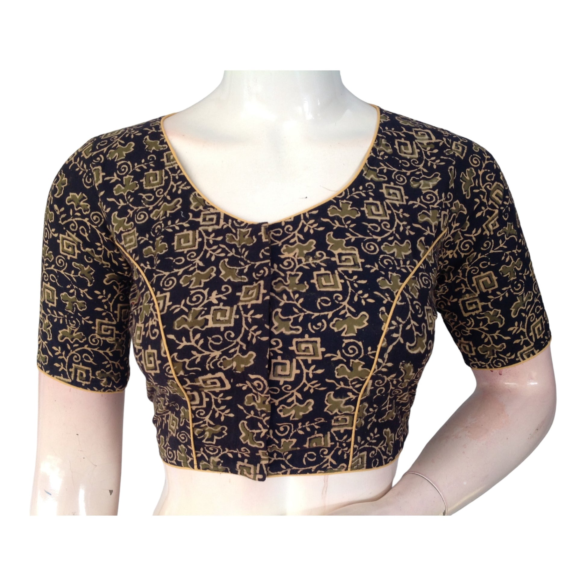 Regal Charm: Dark Green Cotton High Neck Blouse for Sarees