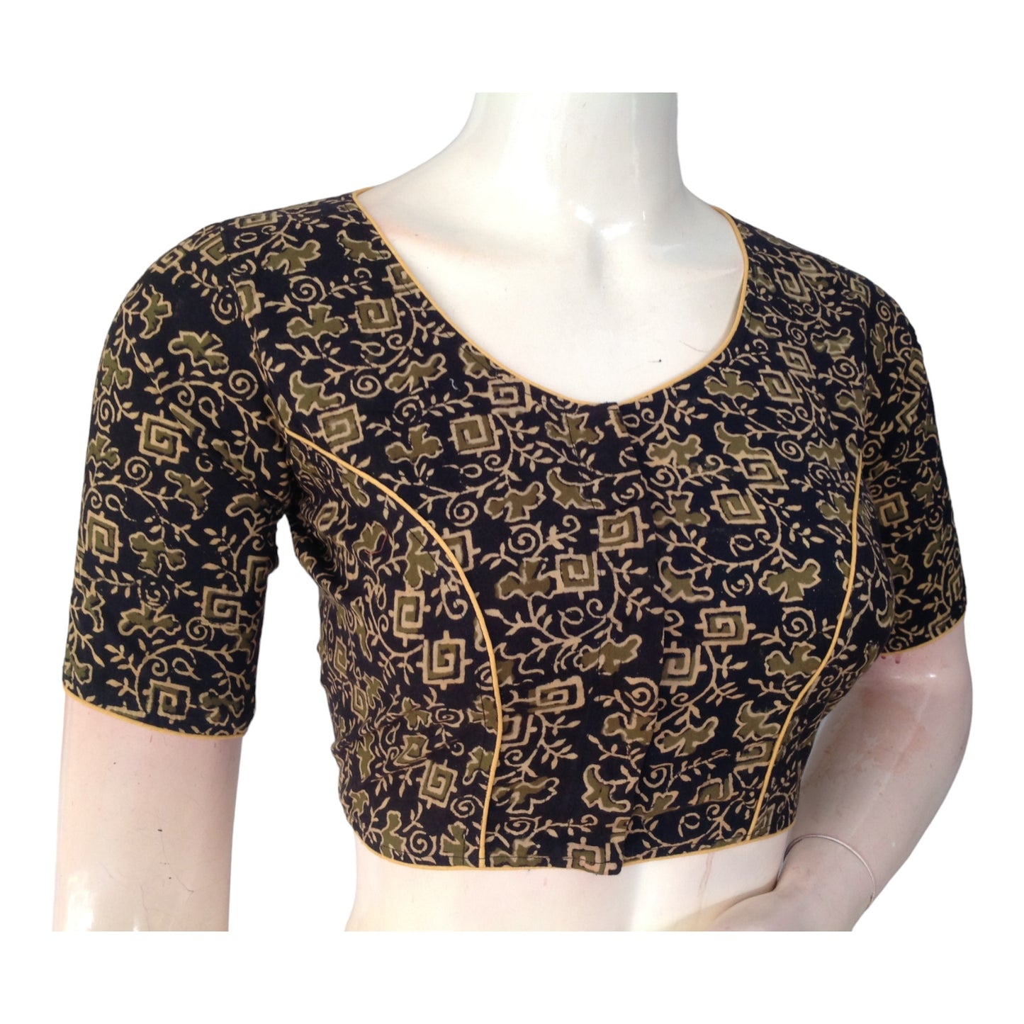 Regal Charm: Dark Green Cotton High Neck Blouse for Sarees