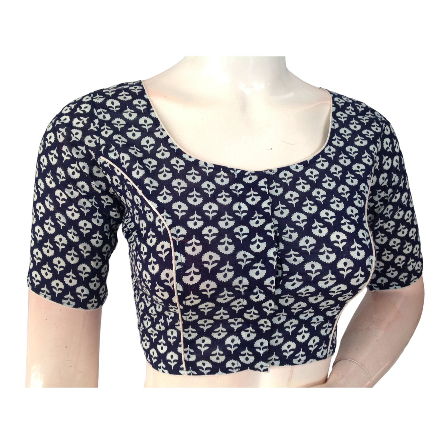 Navy Blue High Neck Saree Blouse: Pure Cotton Sophistication