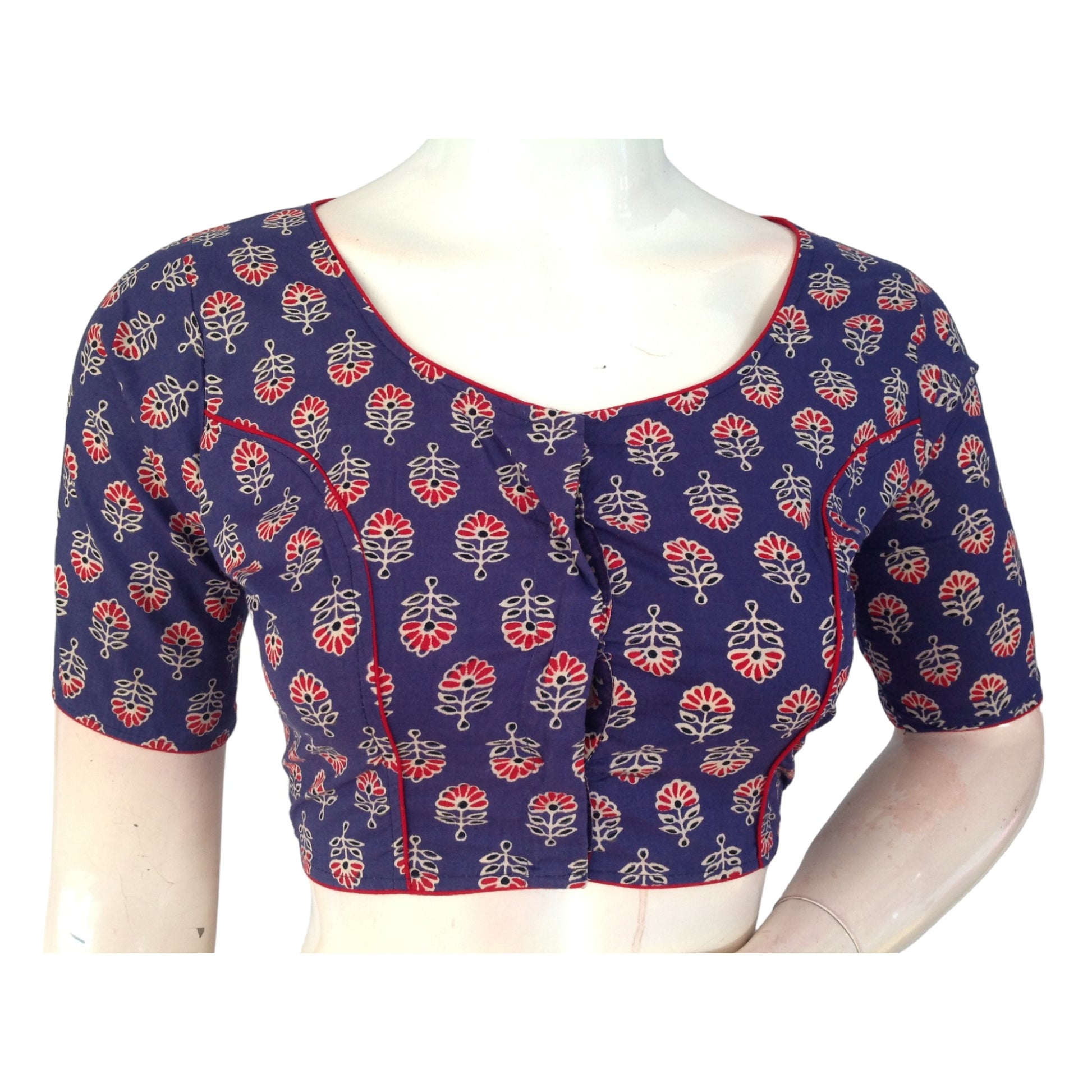Violet Blue High Neck Saree Blouse: Pure Cotton Glamour