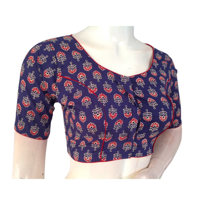 Violet Blue High Neck Saree Blouse: Pure Cotton Glamour