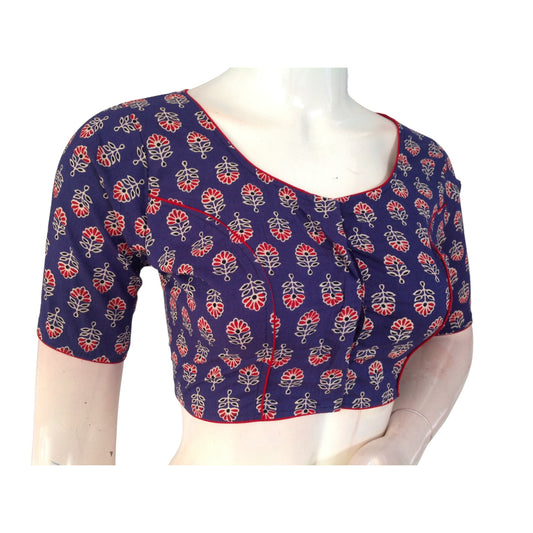 Violet Blue High Neck Saree Blouse: Pure Cotton Glamour