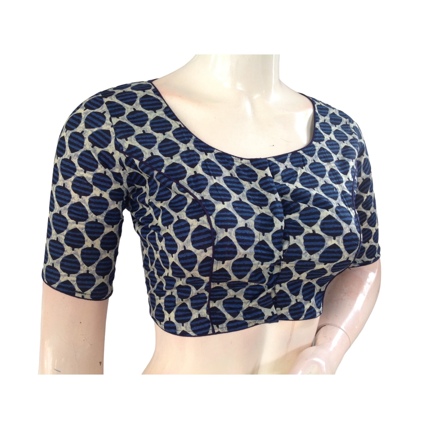 Vibrant Tradition: Indigo Blue Cotton High Neck Blouse for Sarees