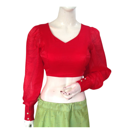 Elegant Red Organza Balloon Sleeve Saree Blouse | Designer Indian Blouse