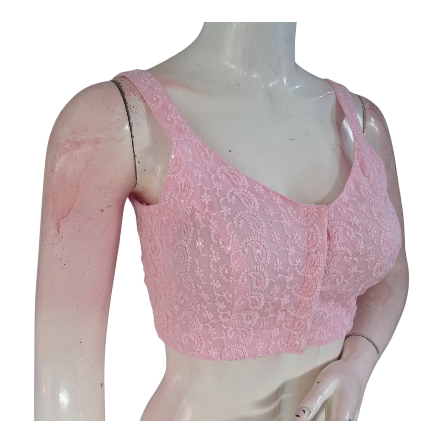 Baby Pink Chikankari Spaghetti Sleeveless Designer Readymade Saree Blouse