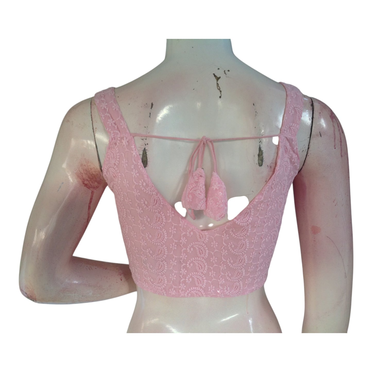 Baby Pink Chikankari Spaghetti Sleeveless Designer Readymade Saree Blouse