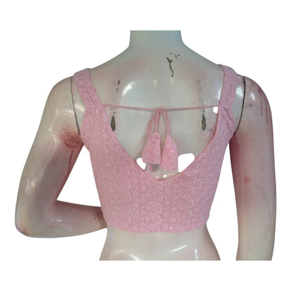 Baby Pink Chikankari Spaghetti Sleeveless Designer Readymade Saree Blouse