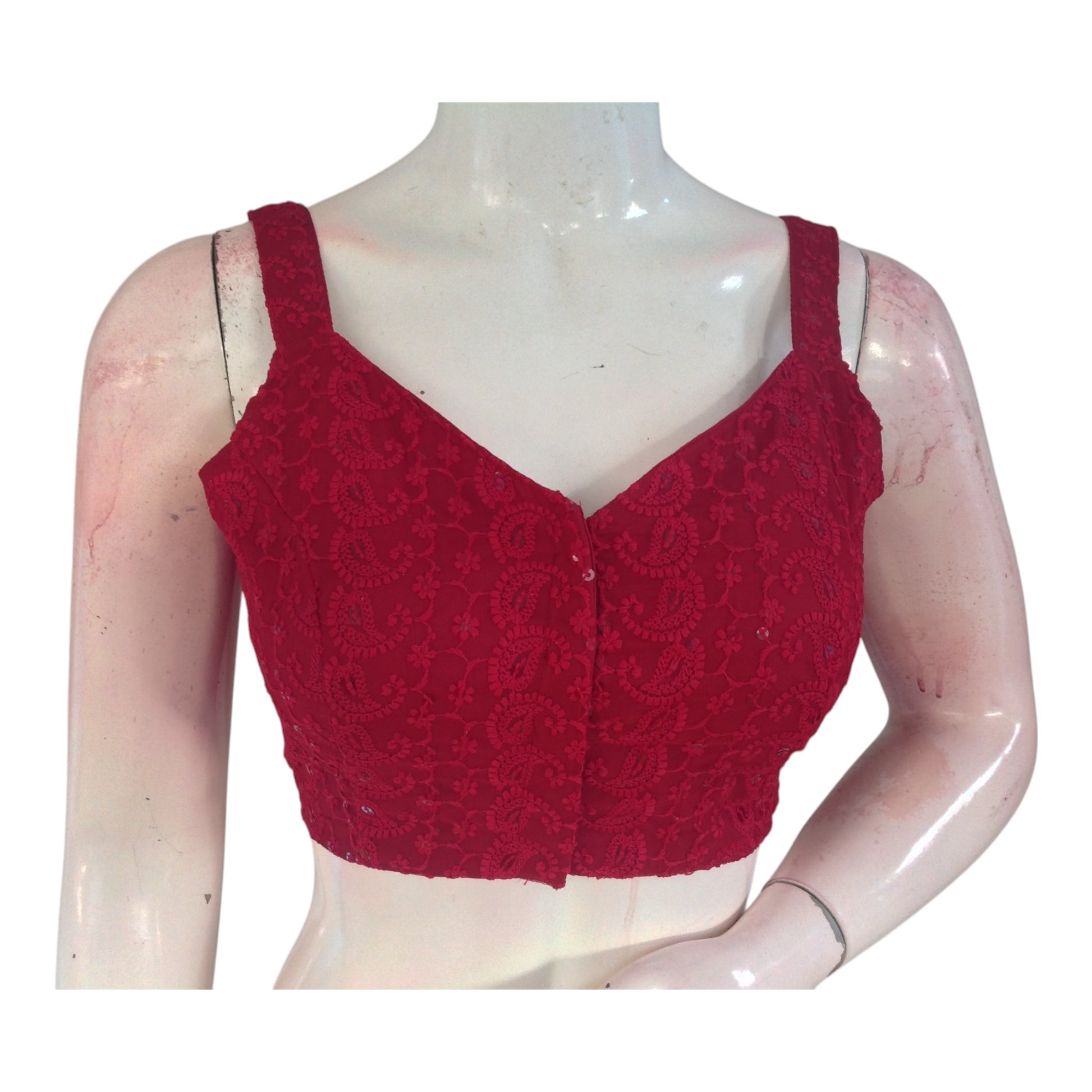 Elegant Maroon Color Chikankari Blouse - Spaghetti Strap, Sleeveless Design