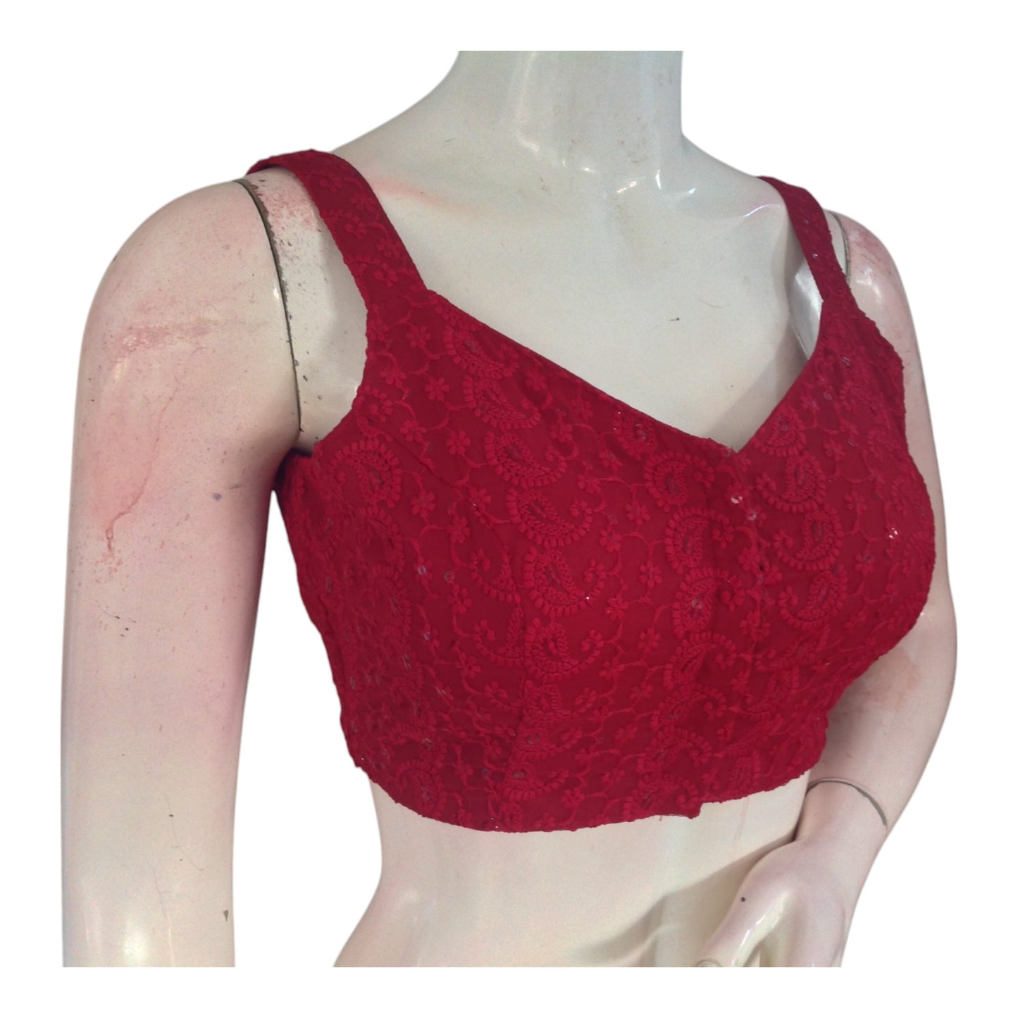 Elegant Maroon Color Chikankari Blouse - Spaghetti Strap, Sleeveless Design