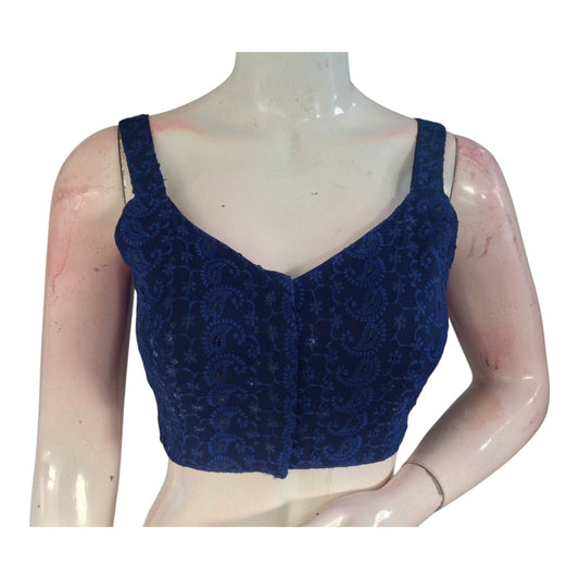 Designer Navy Chikankari Spaghetti Strap Saree Blouse - Elegant Sleeveless Top
