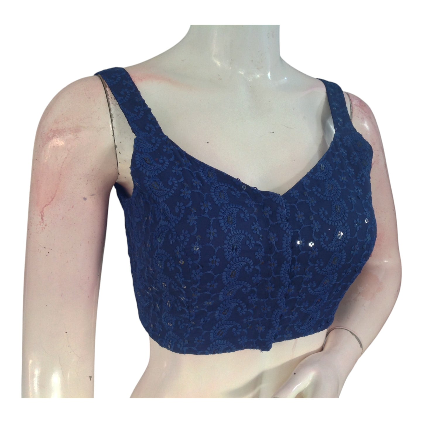 Designer Navy Chikankari Spaghetti Strap Saree Blouse - Elegant Sleeveless Top