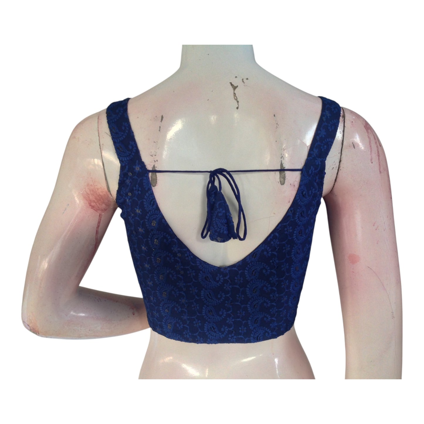 Designer Navy Chikankari Spaghetti Strap Saree Blouse - Elegant Sleeveless Top