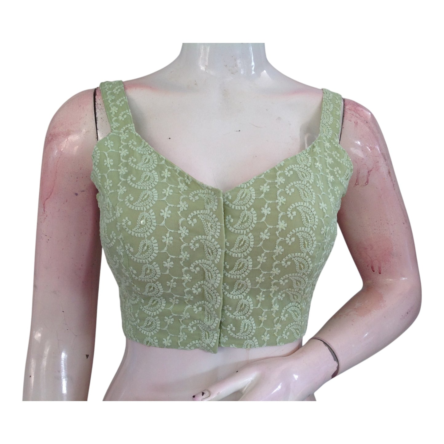 Designer Pastel Green Chikankari Sleeveless Blouse - Spaghetti Strap Detail