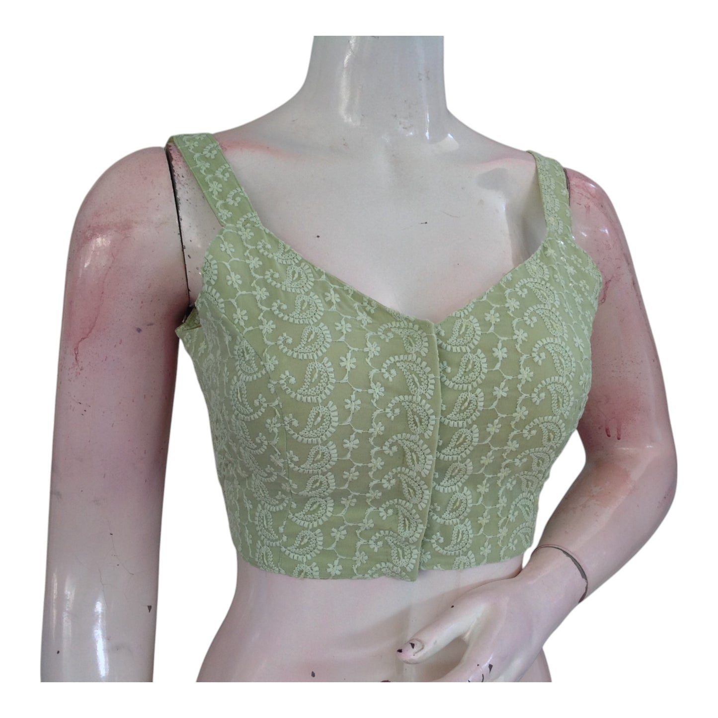 Designer Pastel Green Chikankari Sleeveless Blouse - Spaghetti Strap Detail