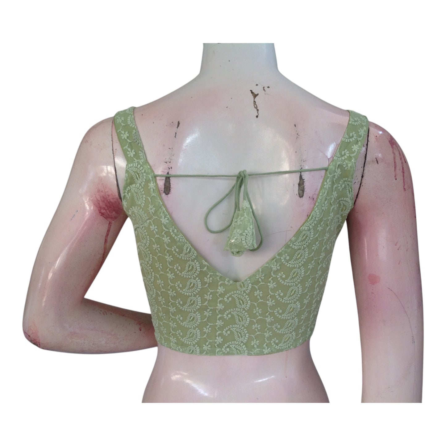 Designer Pastel Green Chikankari Sleeveless Blouse - Spaghetti Strap Detail