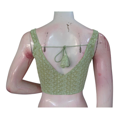 Designer Pastel Green Chikankari Sleeveless Blouse - Spaghetti Strap Detail