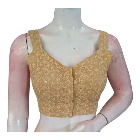 Luxe Gold Chikankari Spaghetti Strap Designer Readymade Saree Blouse 