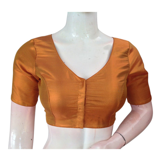 Elegant Mustard Copper Plain Tissue Silk V-neck Readymade Saree Blouse
