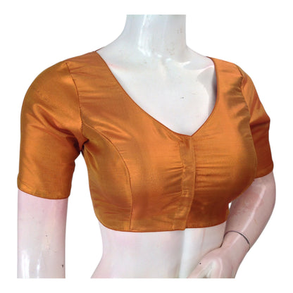 Elegant Mustard Copper Plain Tissue Silk V-neck Readymade Saree Blouse