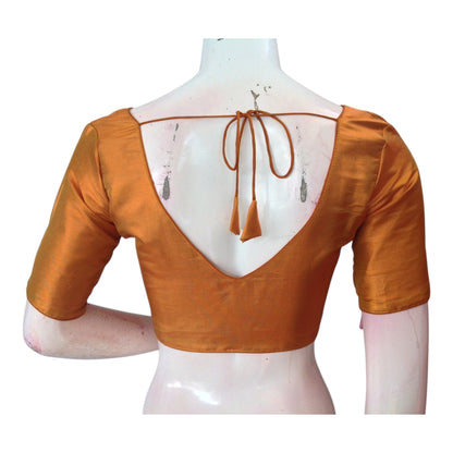 Elegant Mustard Copper Plain Tissue Silk V-neck Readymade Saree Blouse