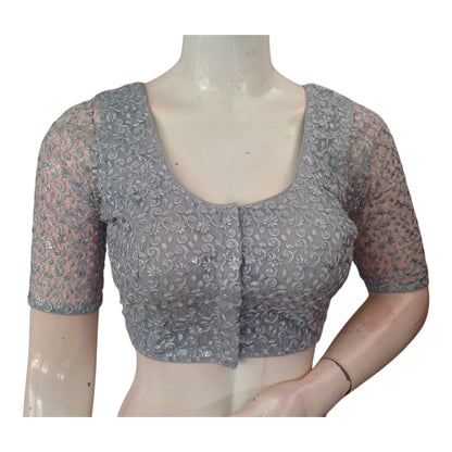 Handcrafted Grey Sequin V-Neck Saree Blouse - Premium Design
