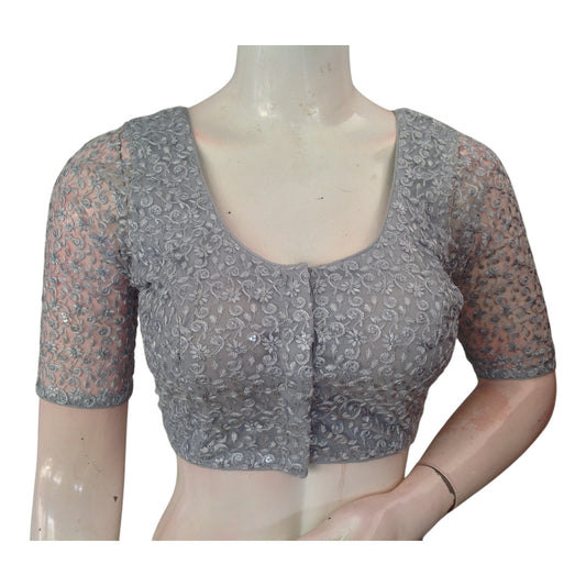Handcrafted Grey Sequin V-Neck Saree Blouse - Premium Design