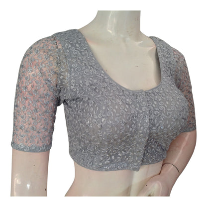 Handcrafted Grey Sequin V-Neck Saree Blouse - Premium Design