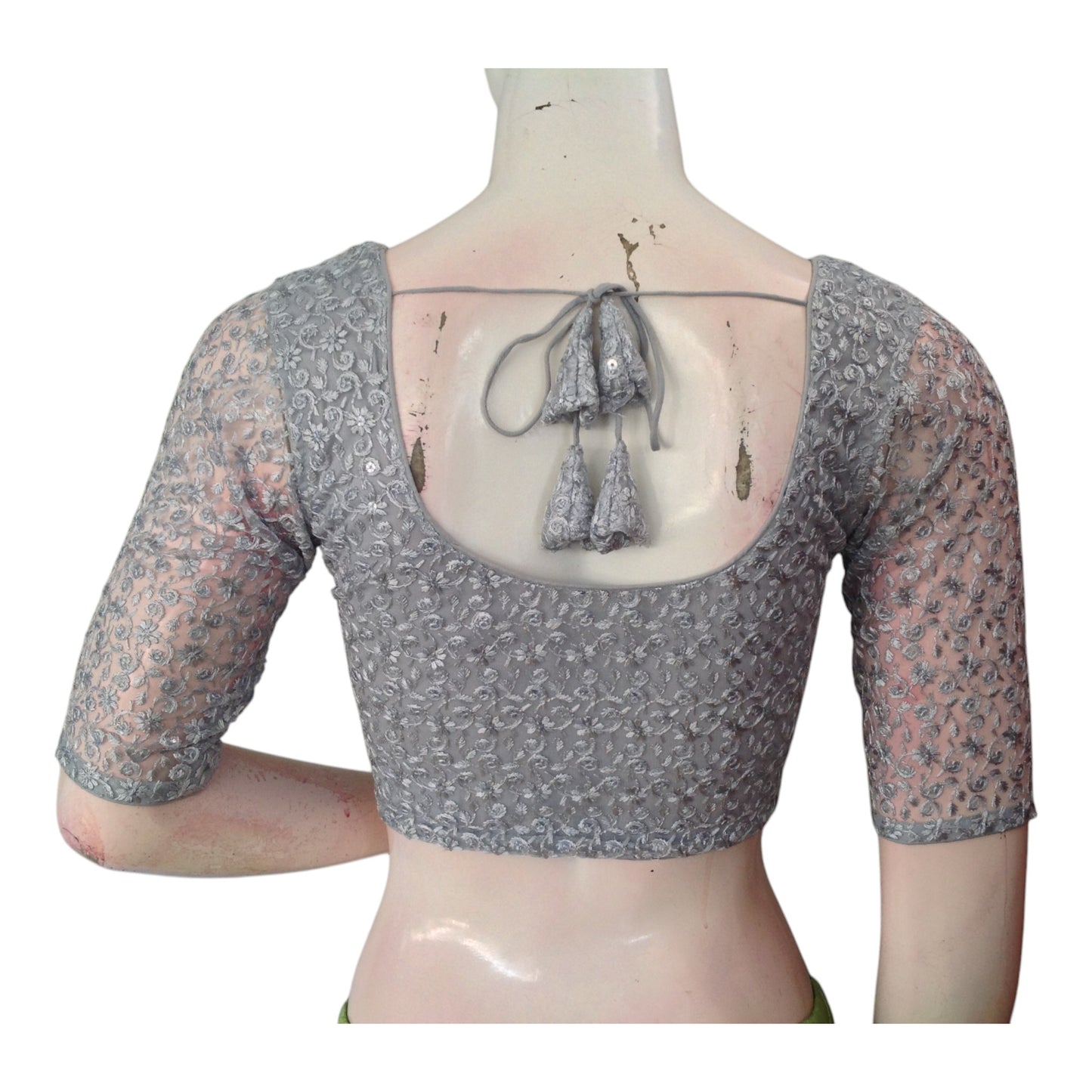 Handcrafted Grey Sequin V-Neck Saree Blouse - Premium Design