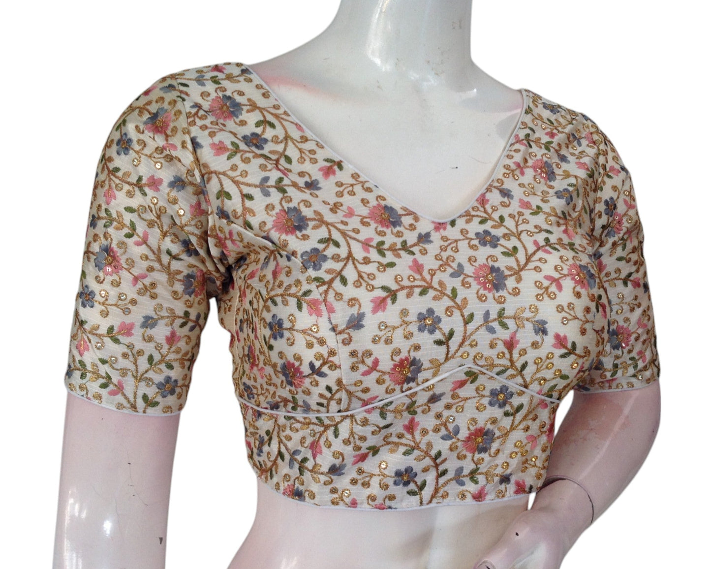 Off-White Semi-Silk Blouse with Intricate Multi-Thread Embroidery