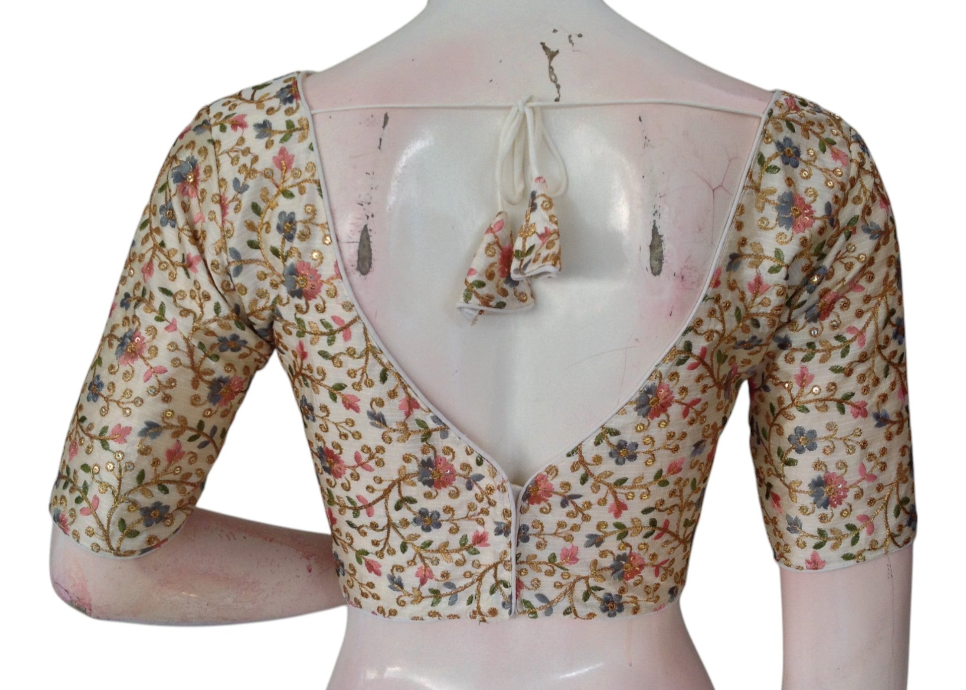 Off-White Semi-Silk Blouse with Intricate Multi-Thread Embroidery