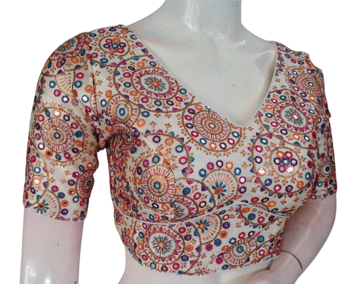 Modern Off-White Semi-Silk Blouse with Multi-Thread Embellishments
