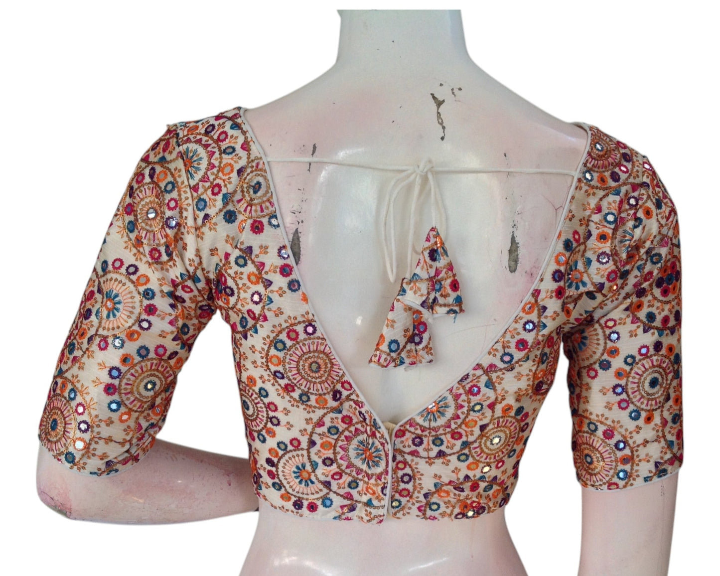Modern Off-White Semi-Silk Blouse with Multi-Thread Embellishments