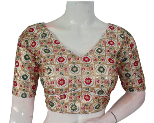 Handcrafted Off-White Semi-Silk Blouse with Exquisite Multi-Thread Work