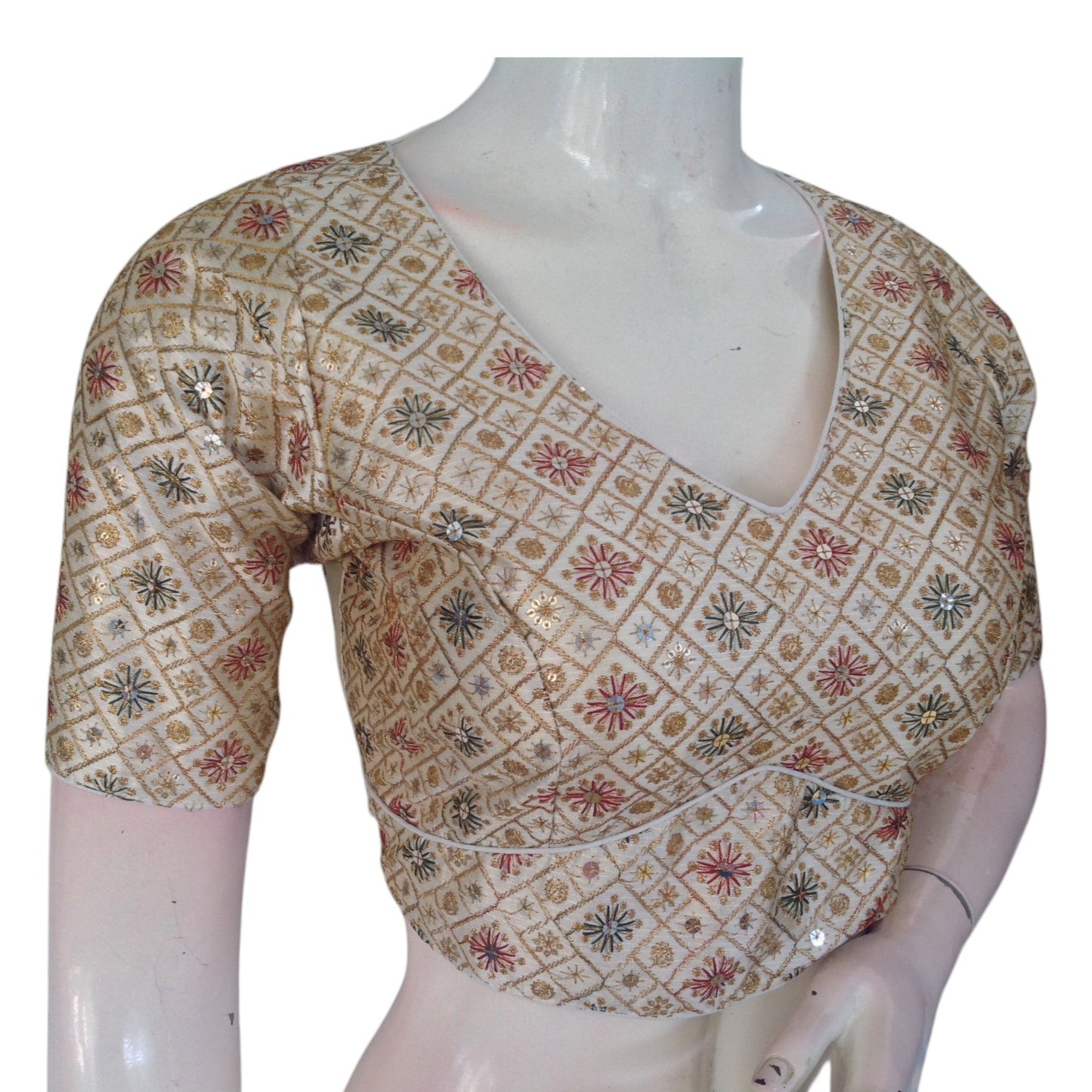 Versatile Off-White Semi-Silk Blouse: Multi-Thread Work, Ready to Wear