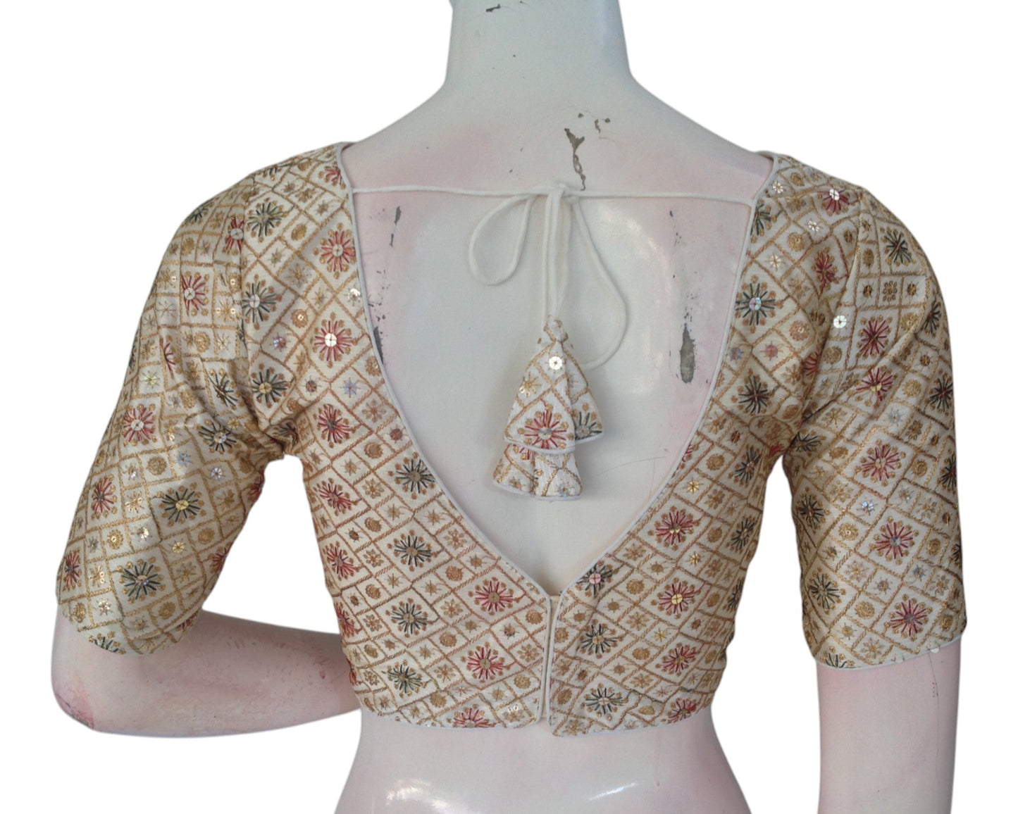 Versatile Off-White Semi-Silk Blouse: Multi-Thread Work, Ready to Wear