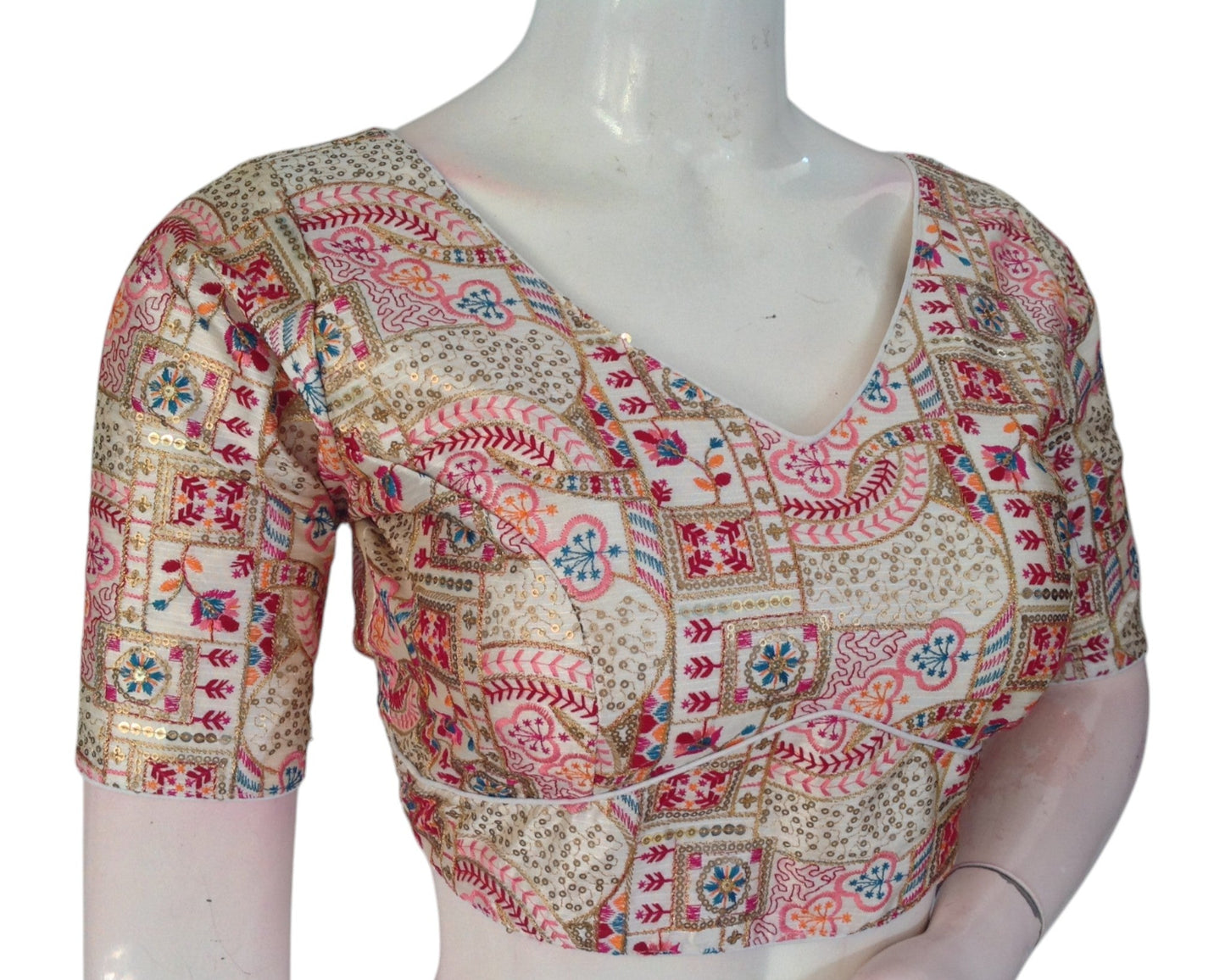 Luxurious Off-White Semi-Silk Blouse with Detailed Multi-Thread Embroidery