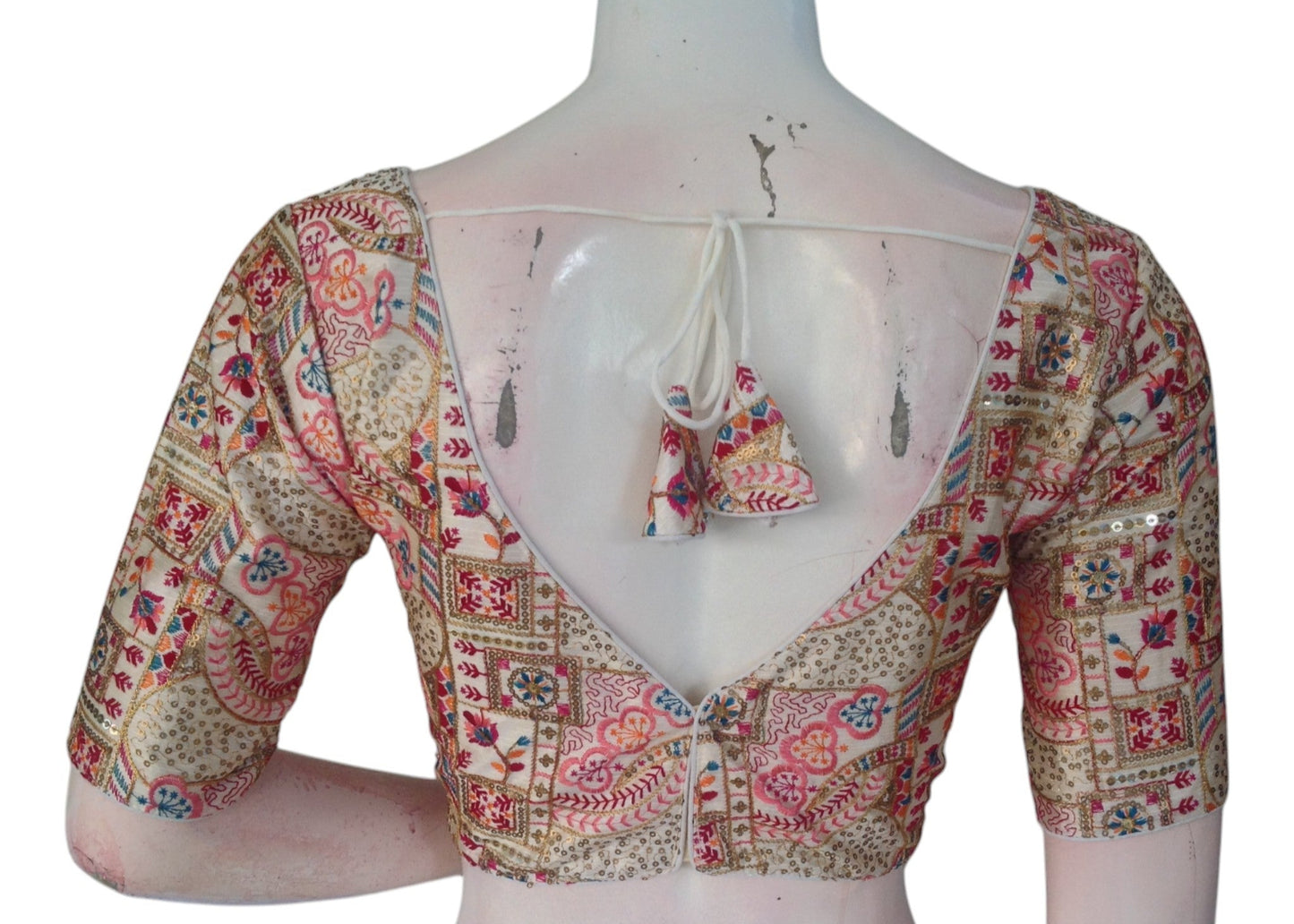 Luxurious Off-White Semi-Silk Blouse with Detailed Multi-Thread Embroidery
