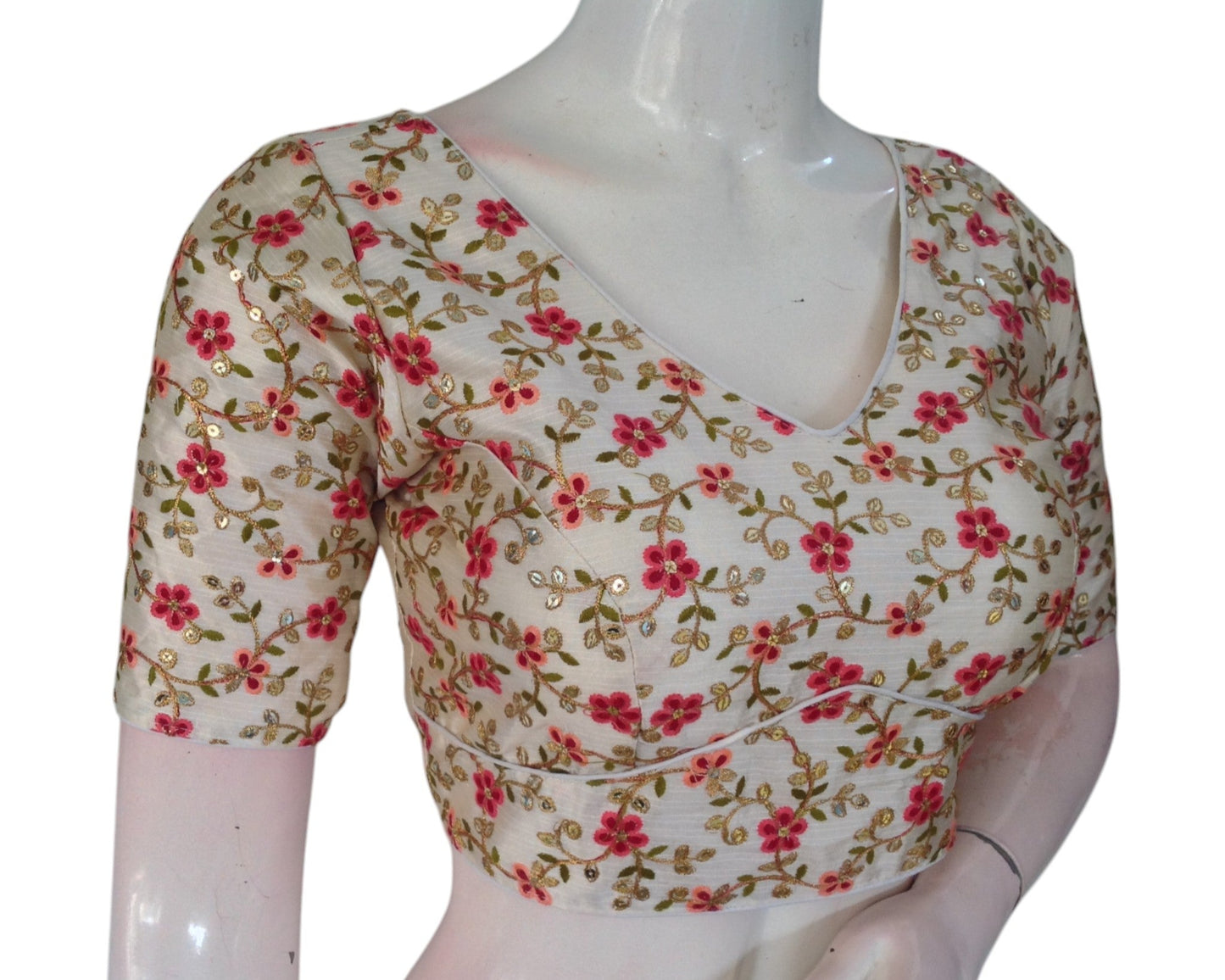 Off-White Semi-Silk Blouse for Festive Occasions: Multi-Thread Work