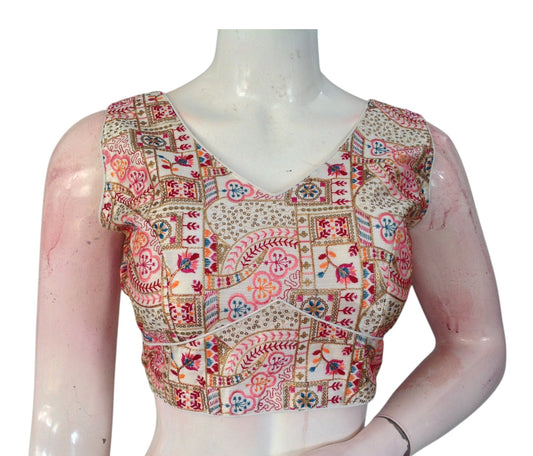 Off-White Color Floral Embroidered Semi-Silk Sleeveless Readymade Blouse