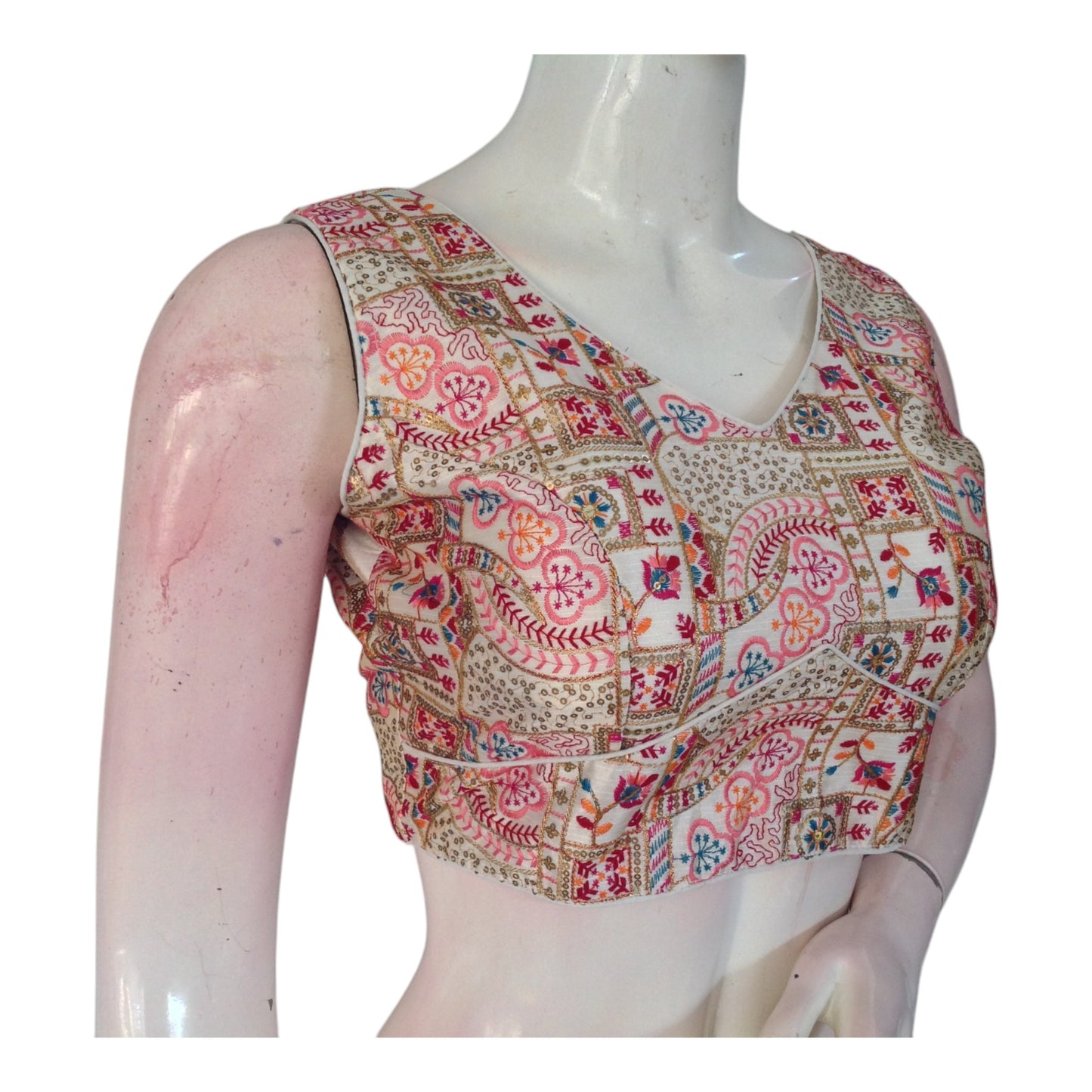 Off-White Color Floral Embroidered Semi-Silk Sleeveless Readymade Blouse