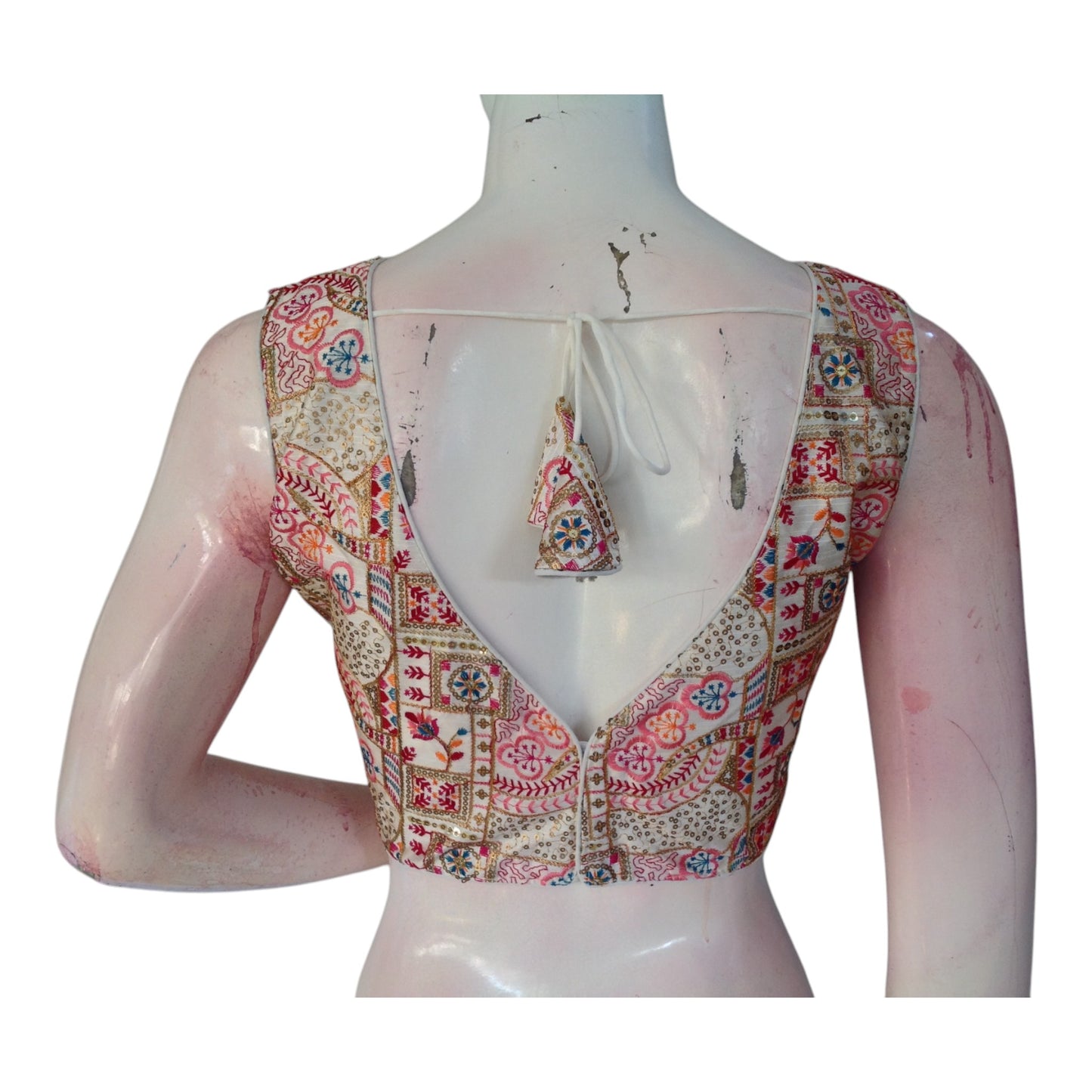 Off-White Color Floral Embroidered Semi-Silk Sleeveless Readymade Blouse