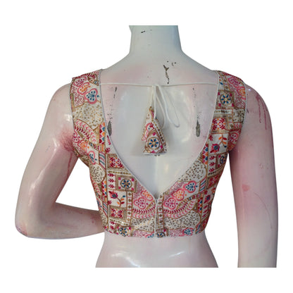 Off-White Color Floral Embroidered Semi-Silk Sleeveless Readymade Blouse