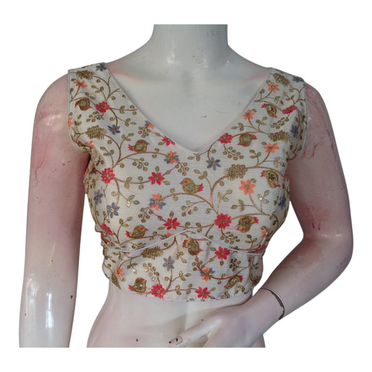 Elegant Off-White Color Floral Embroidery Semi-Silk Readymade Blouse